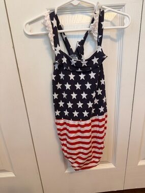Bums & Roses 3T Bamboo Patriotic Star & Stripe Girls Romper - Navy, White, Red